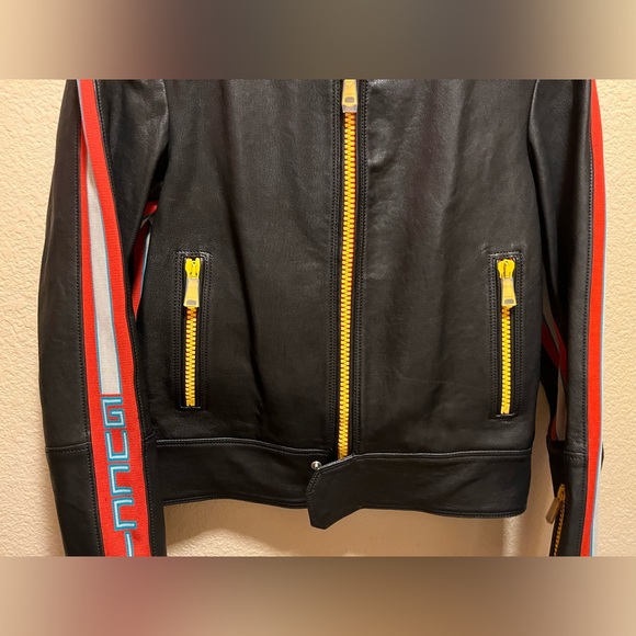 New Gucci Logo Leather Bomber Jacket Size 48 / US L - Picture 10 of 16